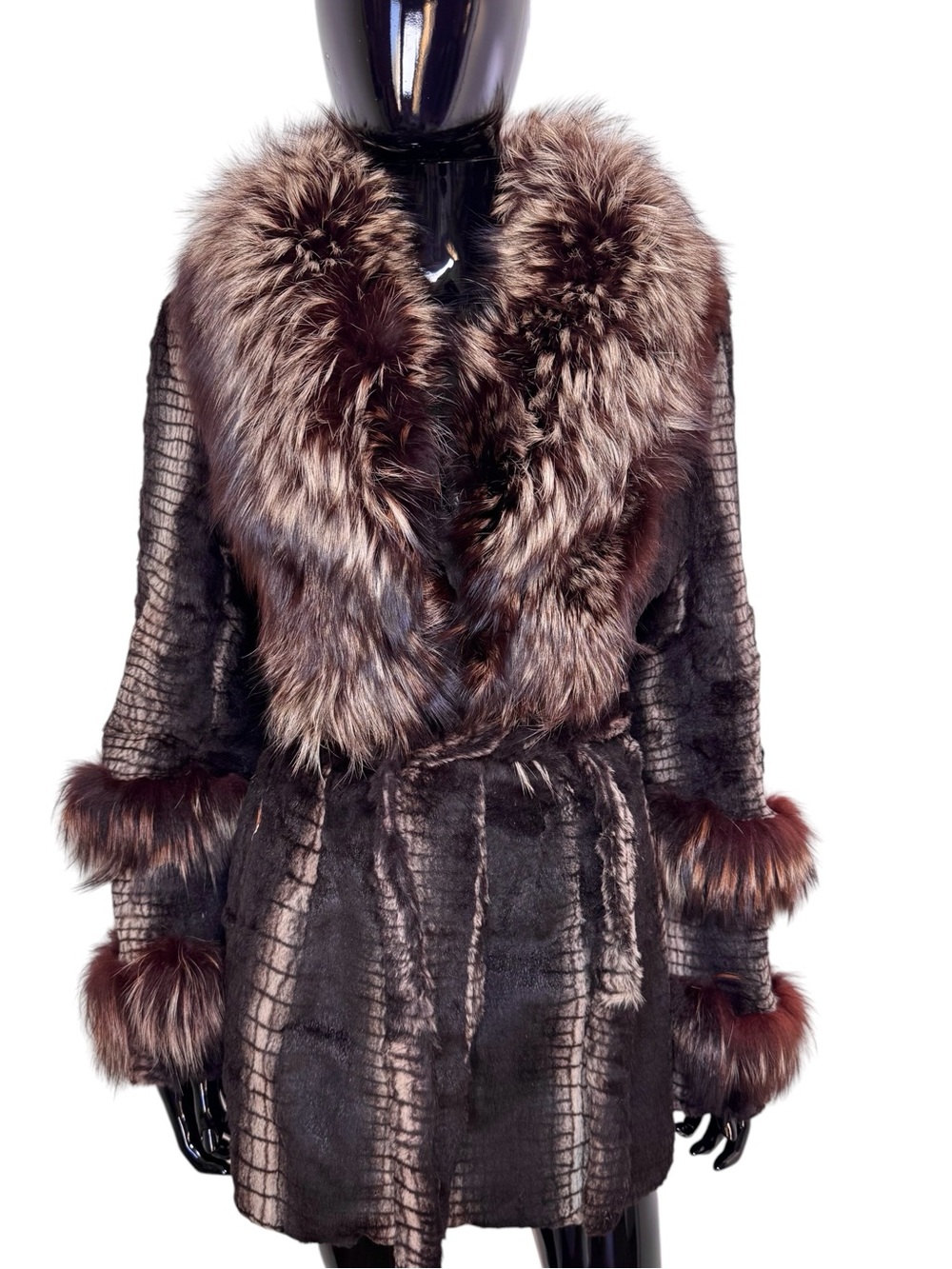 Luxury Brown sheared goat Fur Coat Fox Fur Trim Belted Women’s Statement Jacket